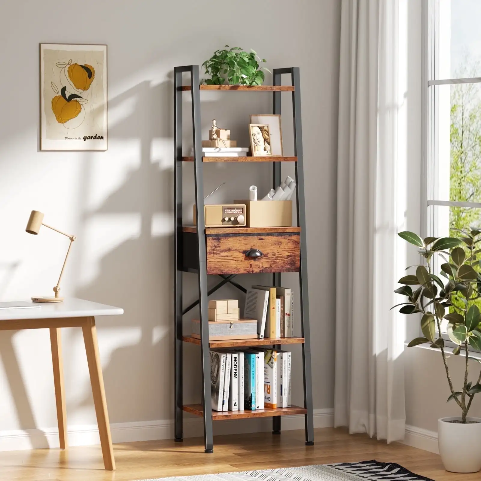 5-Tier 59.5" Ladder Bookshelf with Removable Drawers Narrow Bookcase for Living Room,Rustic Brown
5-Tier 59.5" Ladder Bookshelf with Removable Drawers Narrow Bookcase for Living Room,Rustic Brown