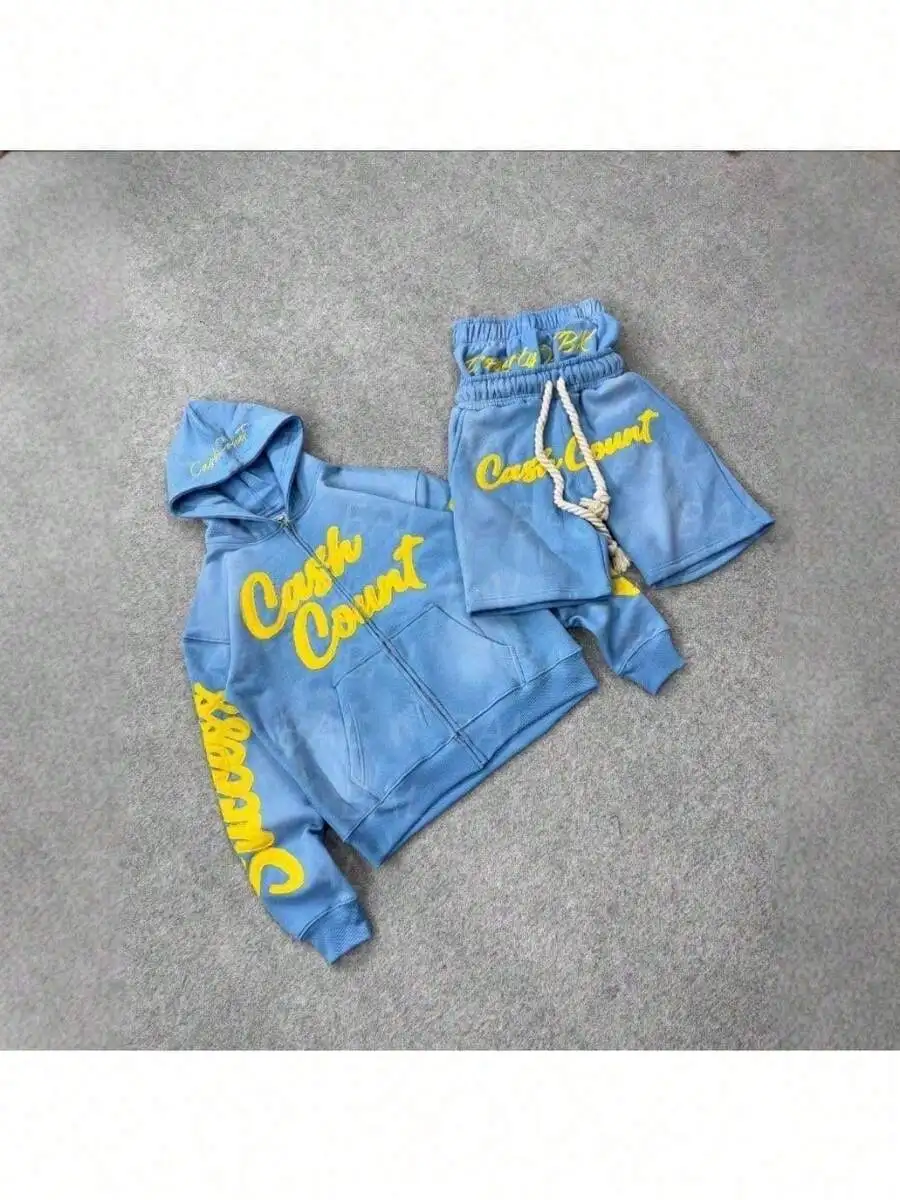 Blue Two-Piece Set: Hooded Zip-Up Sweatshirt With Yellow Script Print And Matching Drawstring Shorts For Men
Blue Two-Piece Set: Hooded Zip-Up Sweatshirt With Yellow Script Print And Matching Drawstring Shorts For Men