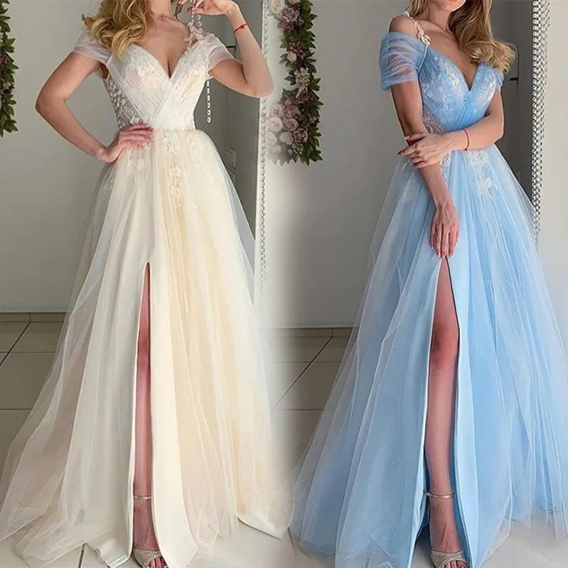 Elegant Prom Dresses Luxury Gowns Sky Blue Appliqued Deep V Neck Off the Shoulder Sexy Side Slit Floor Length Evening Gown
Elegant Prom Dresses Luxury Gowns Sky Blue Appliqued Deep V Neck Off the Shoulder Sexy Side Slit Floor Length Evening Gown