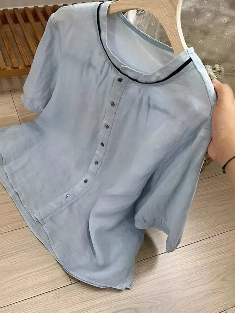 Blue Slim Fit Short Sleeve Shirt Women Summer Artistic Retro Loose round Neck Top Salt Sea Salt Style Commute Fashion
Blue Slim Fit Short Sleeve Shirt Women Summer Artistic Retro Loose round Neck Top Salt Sea Salt Style Commute Fashion