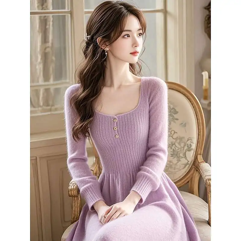 Knitted Elegant Fashion Dress High Waist Long Sleeve A-line Dress Female High Quality Formal Dresses Slimming Square Collar C102
Knitted Elegant Fashion Dress High Waist Long Sleeve A-line Dress Female High Quality Formal Dresses Slimming Square Collar C102