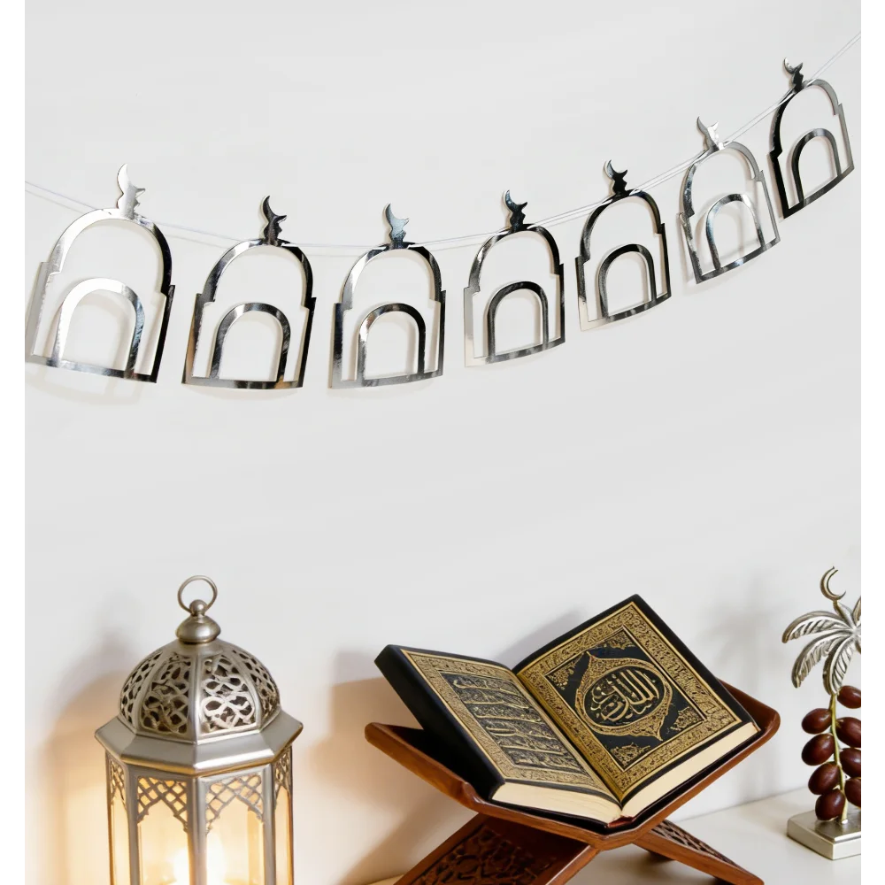 1pcs Silver Masjid Ramadan Banner Eid Mubarak Garland Islamic Eid Party Decorations Hanging Decor Ramadan Muslim Party Supplies
1pcs Silver Masjid Ramadan Banner Eid Mubarak Garland Islamic Eid Party Decorations Hanging Decor Ramadan Muslim Party Supplies