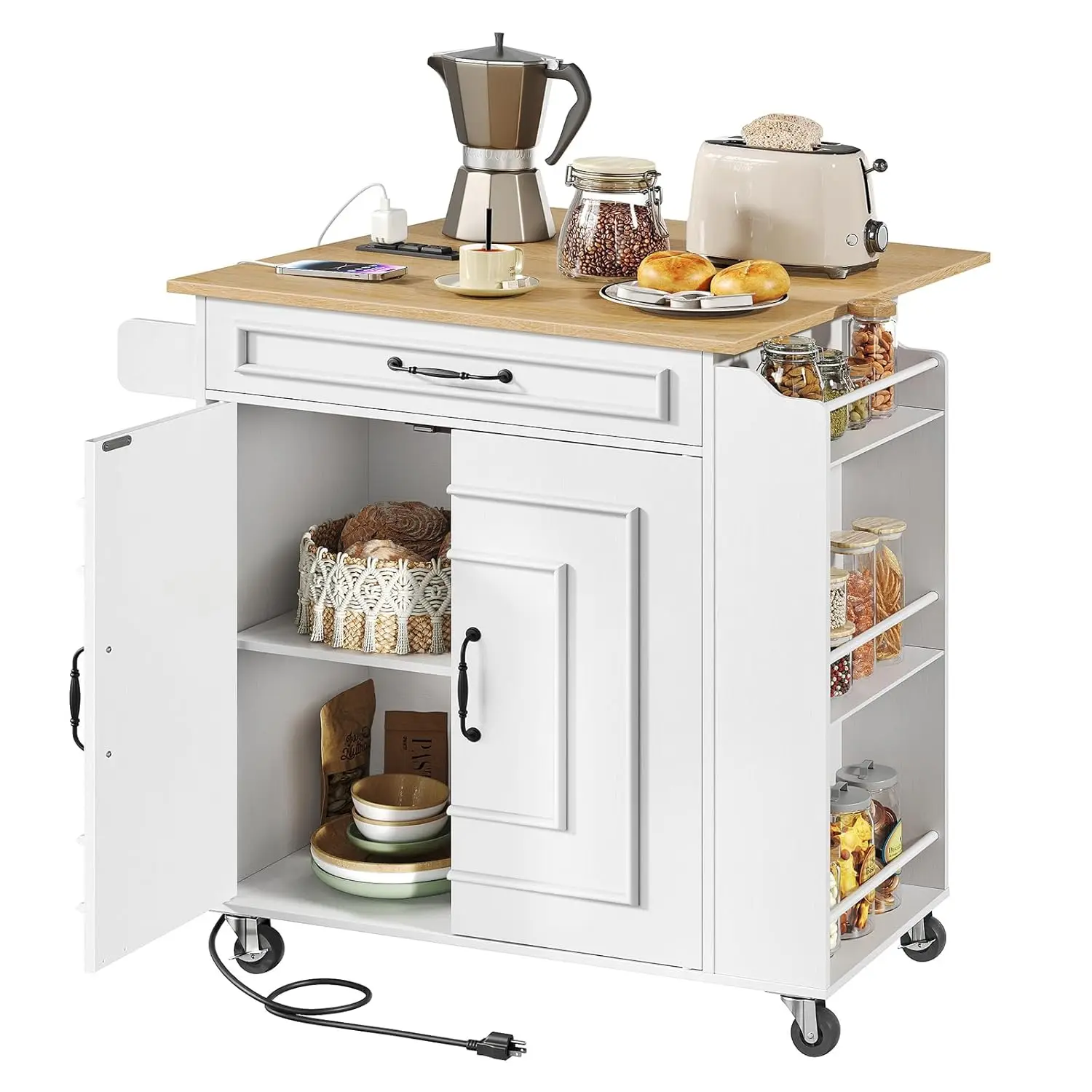 Rolling Kitchen Island Cart with Drop Leaf, Power Outlets, Spice Rack, Drawer, Mobile Storage White Natural, Customized
Rolling Kitchen Island Cart with Drop Leaf, Power Outlets, Spice Rack, Drawer, Mobile Storage White Natural, Customized