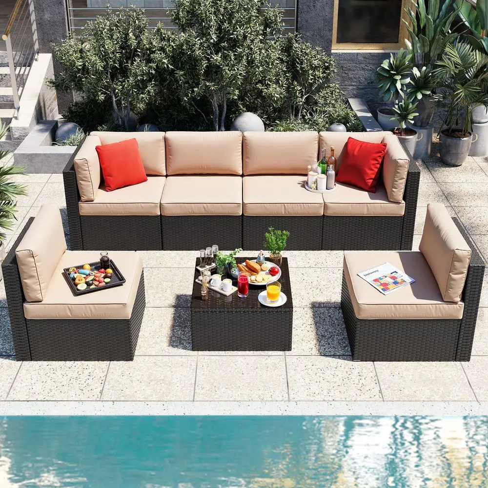 7 Pieces Patio Furniture Sets, Outdoor Patio Conversation Set PE Rattan Wicker Sectional Sofa Couch with Glass Coffee Table for
7 Pieces Patio Furniture Sets, Outdoor Patio Conversation Set PE Rattan Wicker Sectional Sofa Couch with Glass Coffee Table for