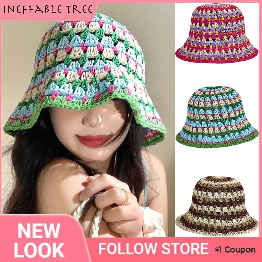 

Colorful Dopamine Contrasting Color Hand-woven Straw Hat Women's Summer Beach Sunshade Breathable Hollow Bucket Cap Casquette