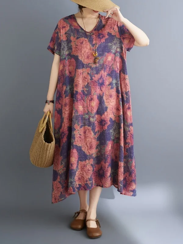 Summer Vintage V-Neck Asymmetrical Long Dress plus Size Cotton Linen Blend Concealing Meat A-Line Skirt City Walk Dress
Summer Vintage V-Neck Asymmetrical Long Dress plus Size Cotton Linen Blend Concealing Meat A-Line Skirt City Walk Dress