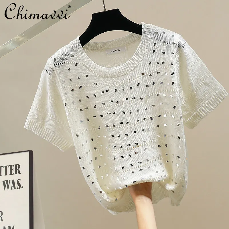French New Heavy Sequin Embellished Knit Top Women Spring Summer New Fashion Short Sleeve White Slim Crew Neck Lightweight Top
French New Heavy Sequin Embellished Knit Top Women Spring Summer New Fashion Short Sleeve White Slim Crew Neck Lightweight Top