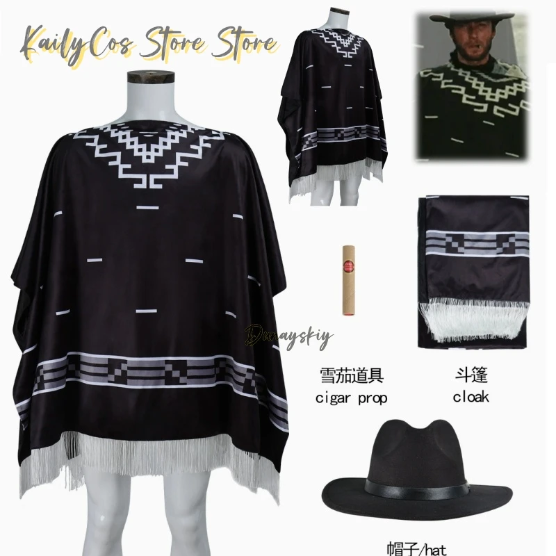 Movie Cosplay Clint Eastwood Poncho Cowboy Serape Aztec Pattern Hat Halloween Party Men Black Fringed Shawl Cape Cloak תחפושות
Movie Cosplay Clint Eastwood Poncho Cowboy Serape Aztec Pattern Hat Halloween Party Men Black Fringed Shawl Cape Cloak תחפושות