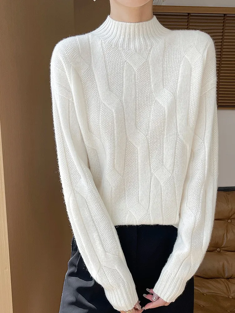 Autumn Winter Thick Cable Stitch Mock Neck Pullover 100% Merino Wool Knitted Sweater Warm Soft Women's Casual Clothing Tops
Autumn Winter Thick Cable Stitch Mock Neck Pullover 100% Merino Wool Knitted Sweater Warm Soft Women's Casual Clothing Tops