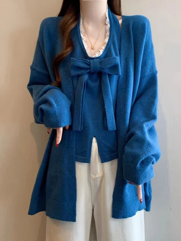 Spring 2026 plus Size Blue Knitted Cardigan And Tank Top Set with Bow Tie Neck Design Fashionable And Comfortable Women's Wear
Spring 2026 plus Size Blue Knitted Cardigan And Tank Top Set with Bow Tie Neck Design Fashionable And Comfortable Women's Wear