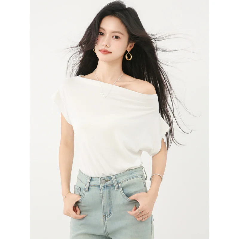 Shipped Unique Asymmetric Shoulder Batwing Sleeve Gathered Short Sleeve T-Shirt Summer New Simple Elegant Top
Shipped Unique Asymmetric Shoulder Batwing Sleeve Gathered Short Sleeve T-Shirt Summer New Simple Elegant Top