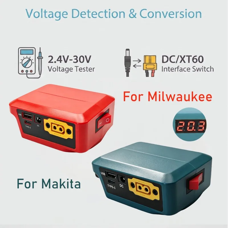 Преобразователь питания для аккумуляторов Makita/Milwaukee 18В с дисплеем напряжения, USB Type-C, DC XT60, адаптер для мобильных телефонов и повербанков, DIY-адаптер
Преобразователь питания для аккумуляторов Makita/Milwaukee 18В с дисплеем напряжения, USB Type-C, DC XT60, адаптер для мобильных телефонов и повербанков, DIY-адаптер