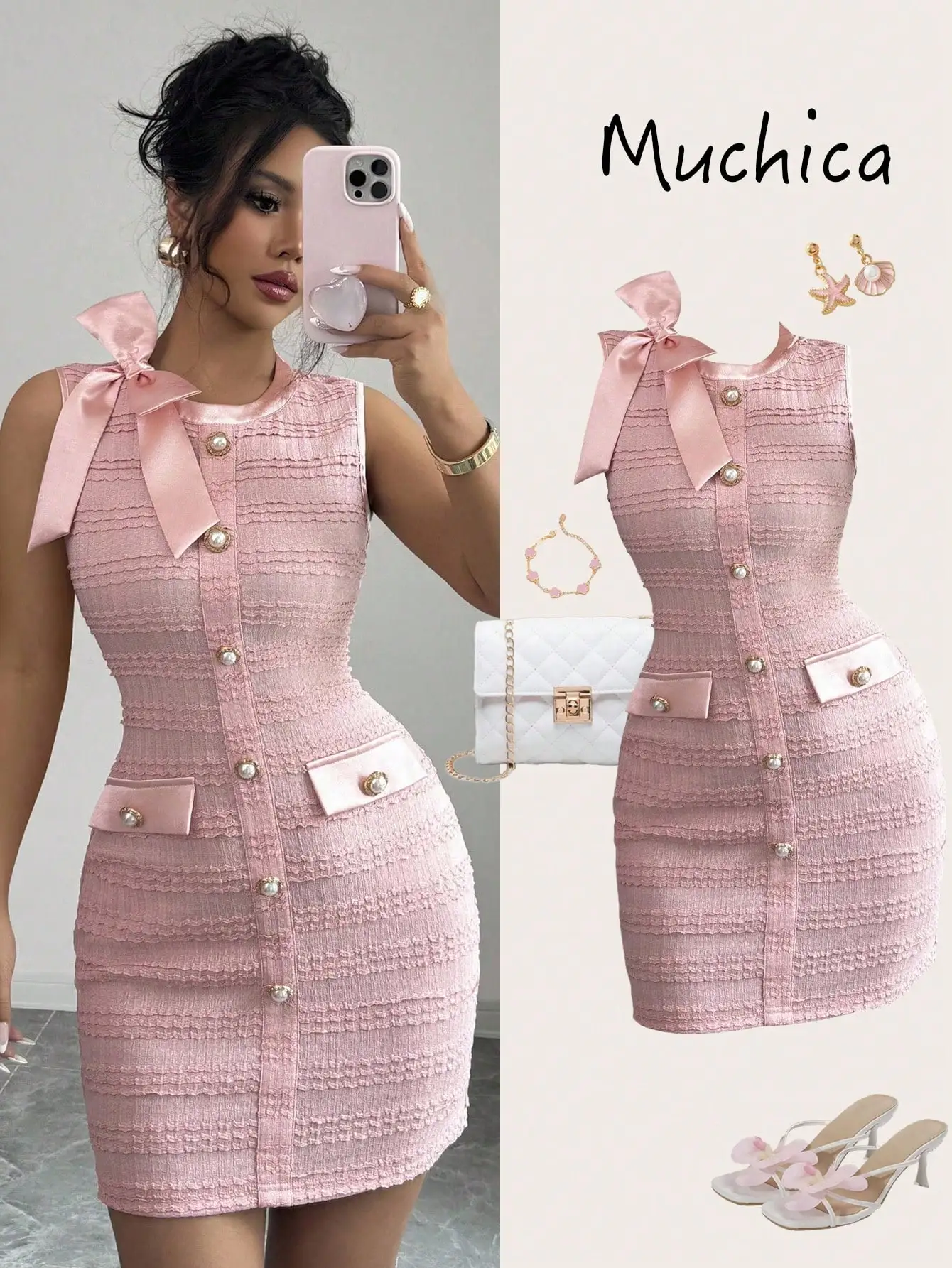 Pink Knit Mini Dress with Satin Bow, Pearl Buttons & Front Pockets
Pink Knit Mini Dress with Satin Bow, Pearl Buttons & Front Pockets