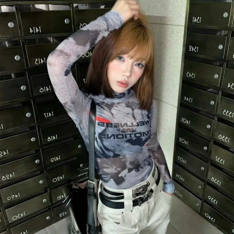 American Y2k Street Long Sleeve Mesh T-shirts Summer Turtleneck Slim Fit Print Tee Shirt 2025 New Bottoming Top For Women
American Y2k Street Long Sleeve Mesh T-shirts Summer Turtleneck Slim Fit Print Tee Shirt 2025 New Bottoming Top For Women