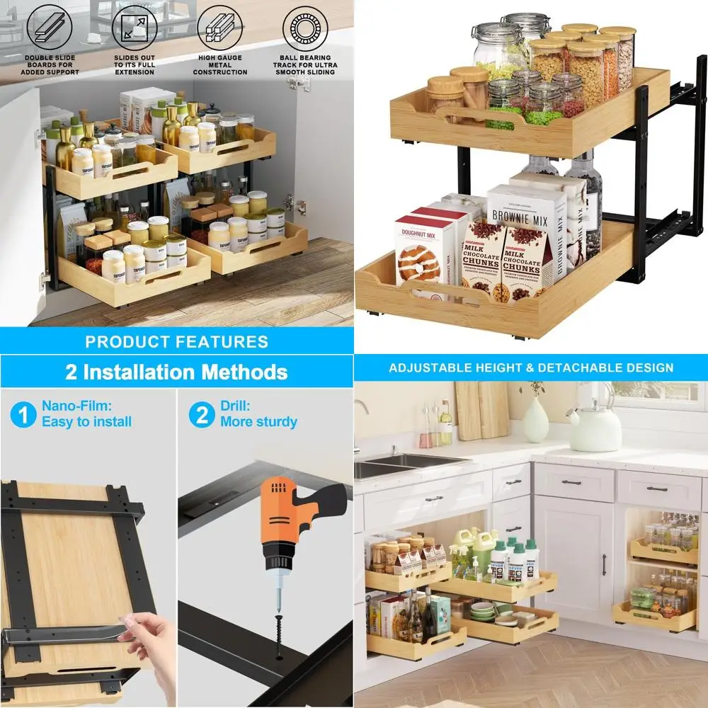 2-Tier Bamboo Slide-Out Organizer for Kitchen Cabinets and Bathroom Storage with Coated Iron Frame
2-Tier Bamboo Slide-Out Organizer for Kitchen Cabinets and Bathroom Storage with Coated Iron Frame