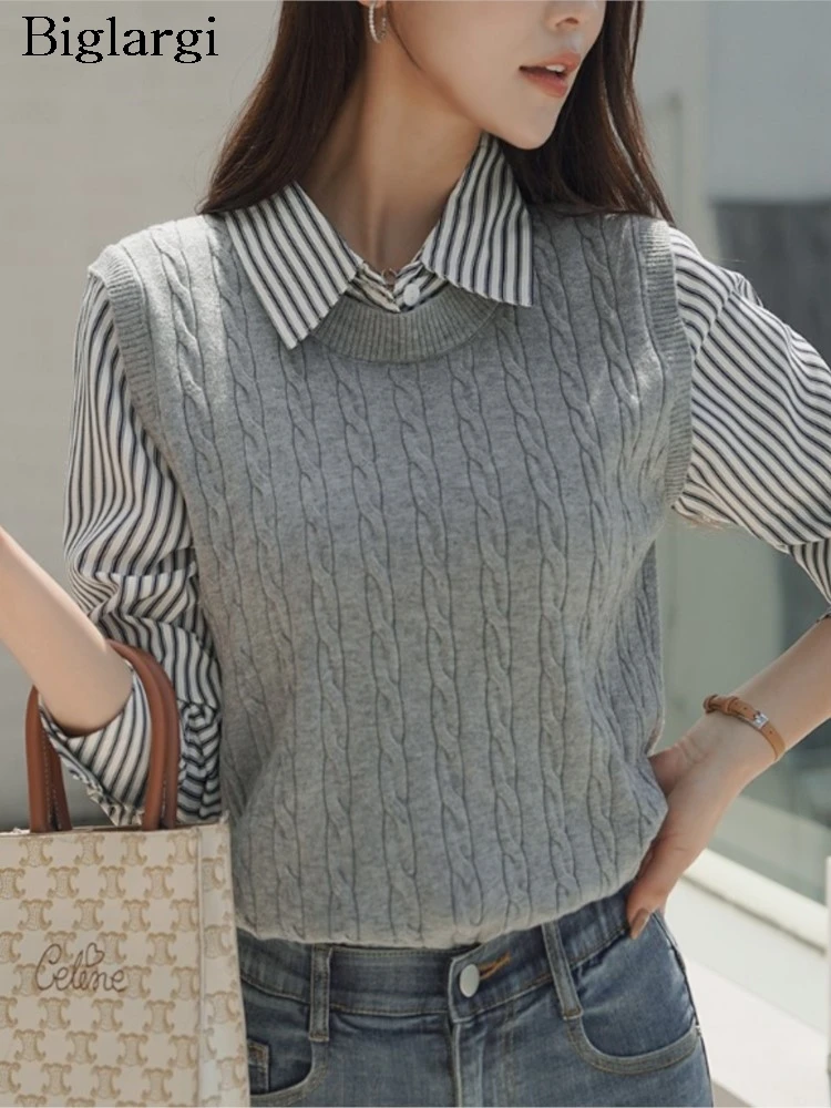 Осенние вязаные лоскутные пуловеры, топы, женские полосатые модные повседневные женские блузки с принтом, женские топы в корейском стиле 
Осенние вязаные лоскутные пуловеры, топы, женские полосатые модные повседневные женские блузки с принтом, женские топы в корейском стиле