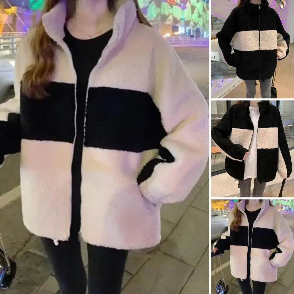 Women Coat Colorblock Stand Collar Winter Coat with Thickened Fleece Windproof Zipper Closure for Plus Size Women Resistant Mid
Women Coat Colorblock Stand Collar Winter Coat with Thickened Fleece Windproof Zipper Closure for Plus Size Women Resistant Mid