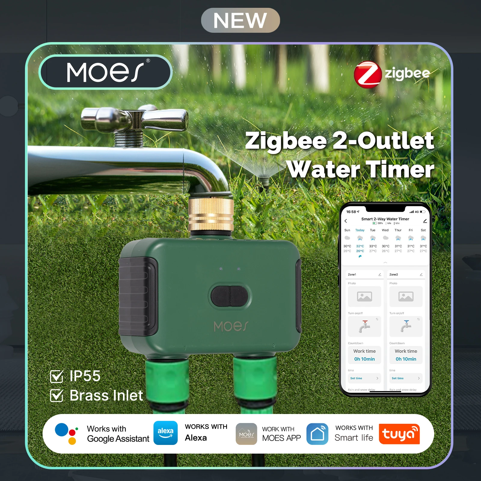 MOES ZigBee 2-Outlet Smart Water Timer, Brass Inlet, Programmable Irrigation, Tuya Compatible with Alexa/Google Home
MOES ZigBee 2-Outlet Smart Water Timer, Brass Inlet, Programmable Irrigation, Tuya Compatible with Alexa/Google Home