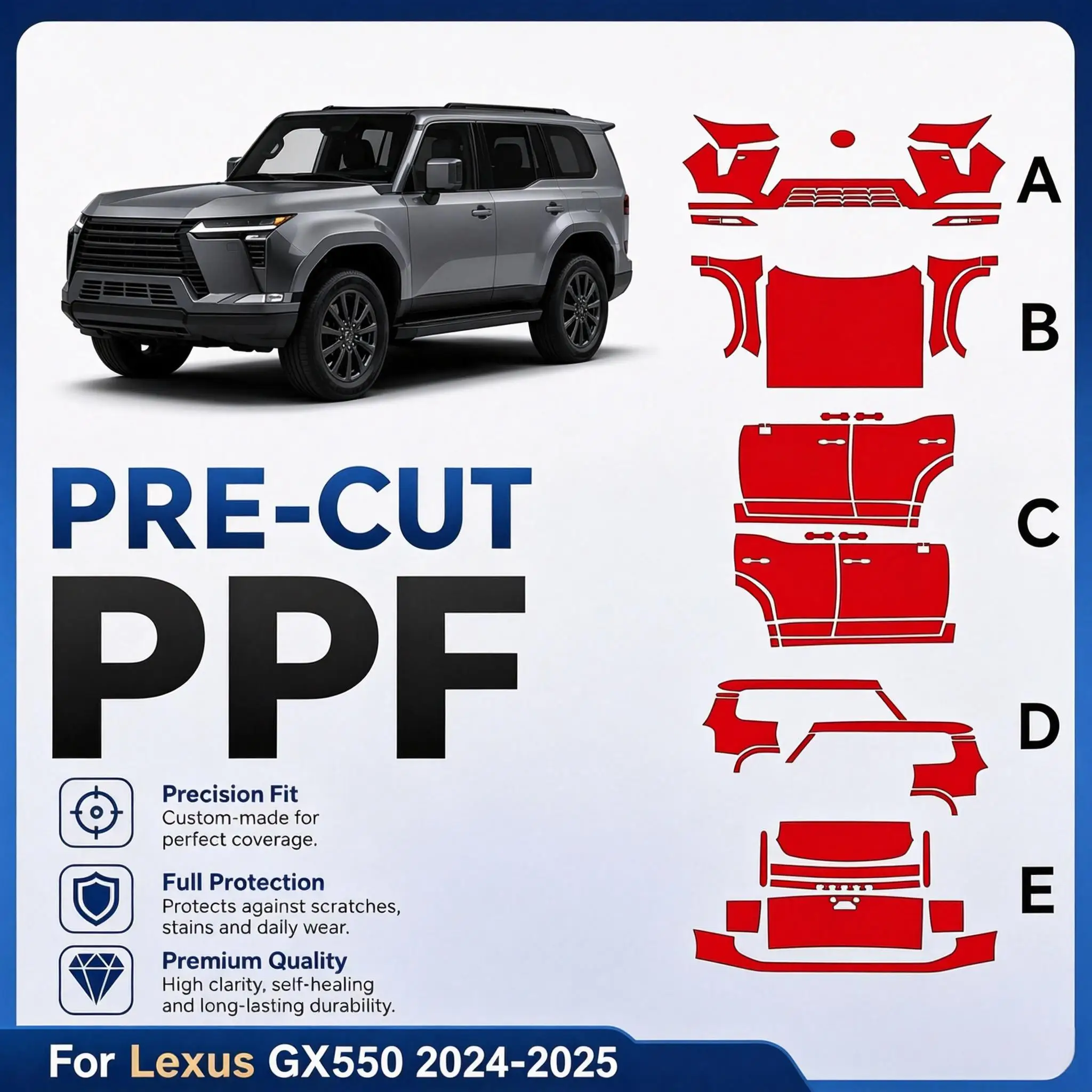 9Mil Pre-cut PPF For Lexus GX550 2024-2025 TPU Bumper Hood Clear Paint Protection Film Scratch-Resistant Exterior Accessories
9Mil Pre-cut PPF For Lexus GX550 2024-2025 TPU Bumper Hood Clear Paint Protection Film Scratch-Resistant Exterior Accessories