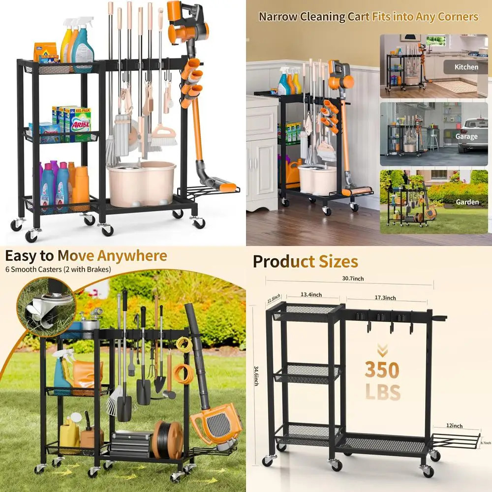 Heavy-Duty Cleaning Cart with 350 lbs Capacity, 3-Tier Storage, 6 Mop Holders, 3 Hooks, and Vacuum Stand
Heavy-Duty Cleaning Cart with 350 lbs Capacity, 3-Tier Storage, 6 Mop Holders, 3 Hooks, and Vacuum Stand