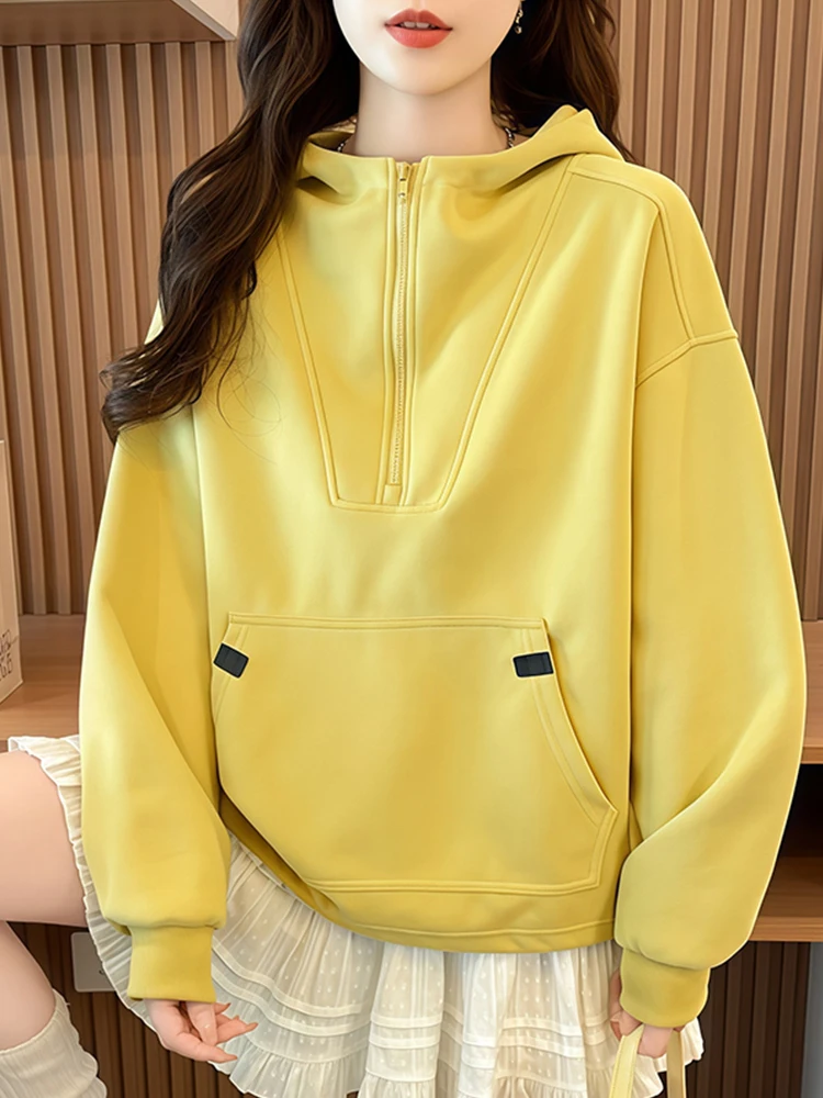 Pure Cotton Yellow Long Sleeve Hoodie Women's Spring Autumn New Style Fashionable High-End Feeling Top Zipper Half Unzipped
Pure Cotton Yellow Long Sleeve Hoodie Women's Spring Autumn New Style Fashionable High-End Feeling Top Zipper Half Unzipped