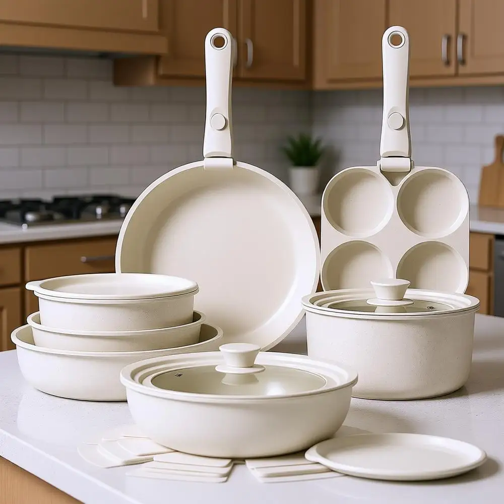 Non-Stick Detachable Handle Cookware Set, 21-Piece Cream, Dishwasher and Oven Safe, Induction Compatible
Non-Stick Detachable Handle Cookware Set, 21-Piece Cream, Dishwasher and Oven Safe, Induction Compatible