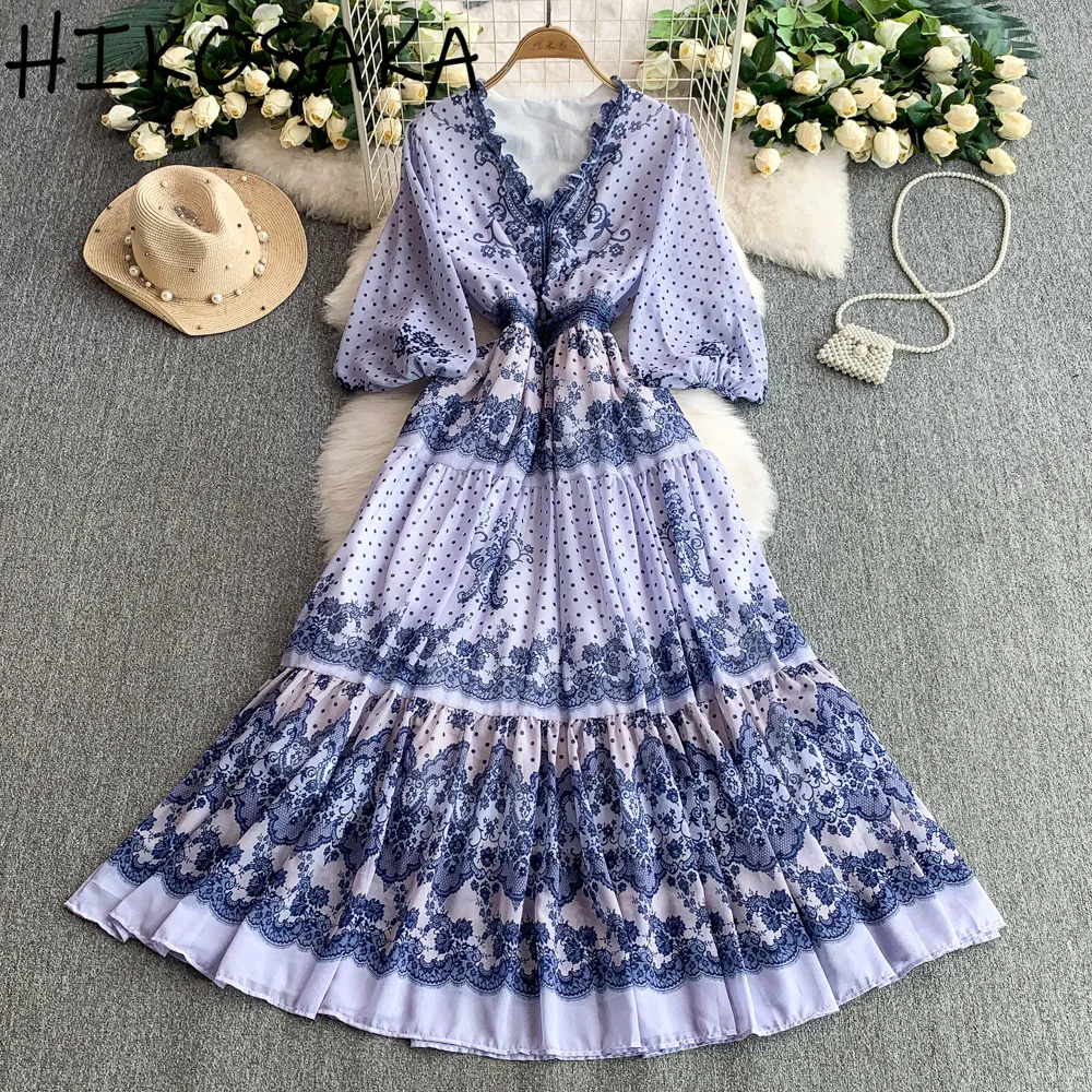 French Style Retro Temperament Fungus V-neck Lantern Sleeve Dress Slim Waist Print Big Swing Long Robe 2025 Summer Chic Vestidos
French Style Retro Temperament Fungus V-neck Lantern Sleeve Dress Slim Waist Print Big Swing Long Robe 2025 Summer Chic Vestidos