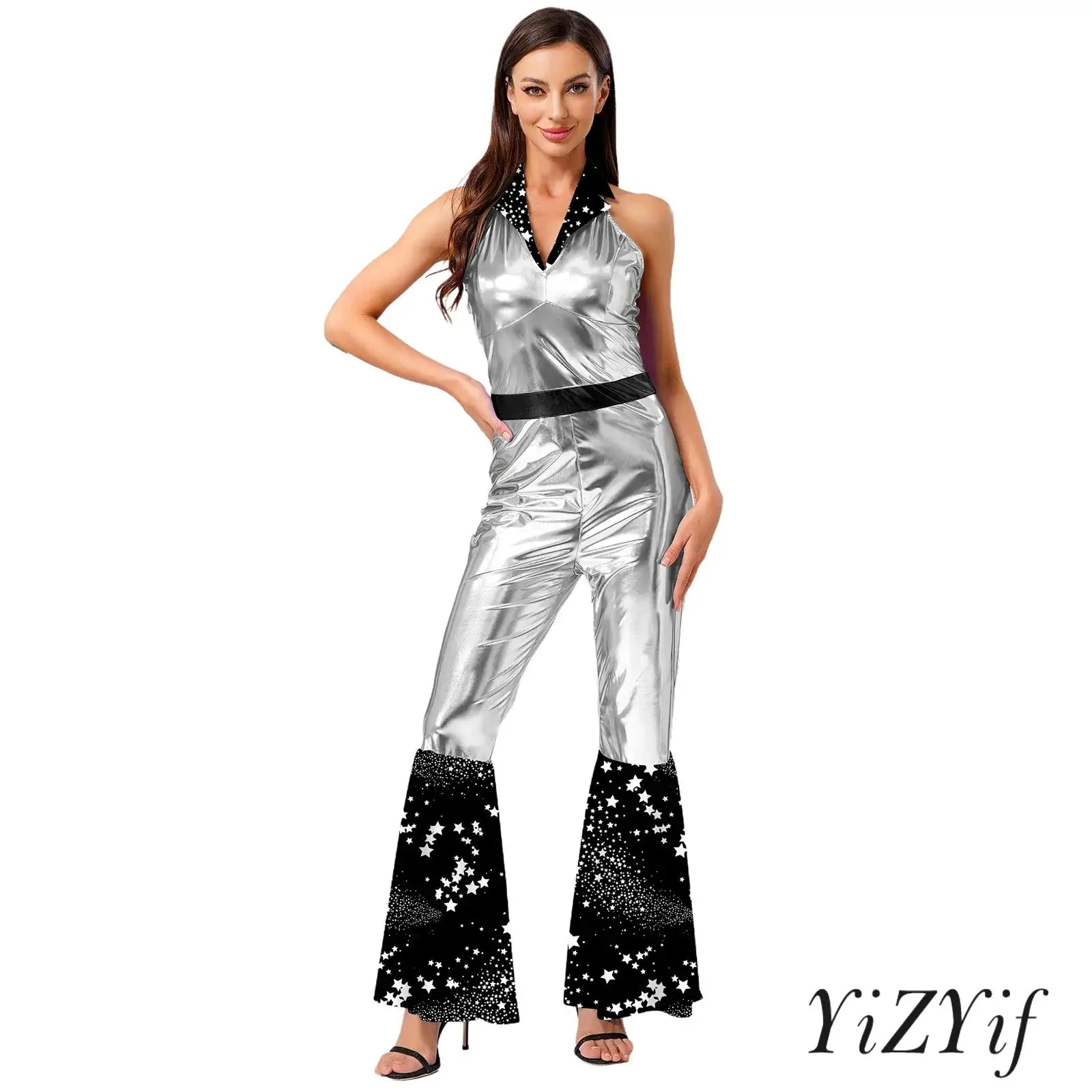Womens Elegant Disco Jumpsuit 70s Halter Flared Costume Shinny Printed Romper Themed Party Nightclub Masquerade Dancewear
Womens Elegant Disco Jumpsuit 70s Halter Flared Costume Shinny Printed Romper Themed Party Nightclub Masquerade Dancewear