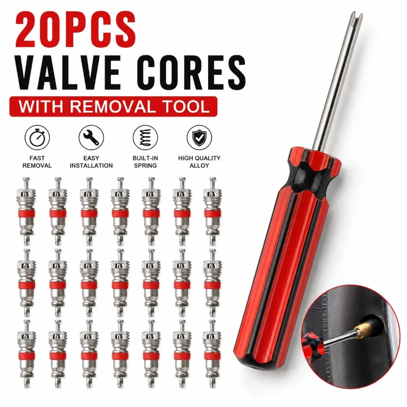 20Pcs Schrader Tire Valve Core Set with Remover Tool, Car Bicycle Motorcycle Wheel Valve Stem Repair Accessories Kit Parts Tools
20Pcs Schrader Tire Valve Core Set with Remover Tool, Car Bicycle Motorcycle Wheel Valve Stem Repair Accessories Kit Parts Tools