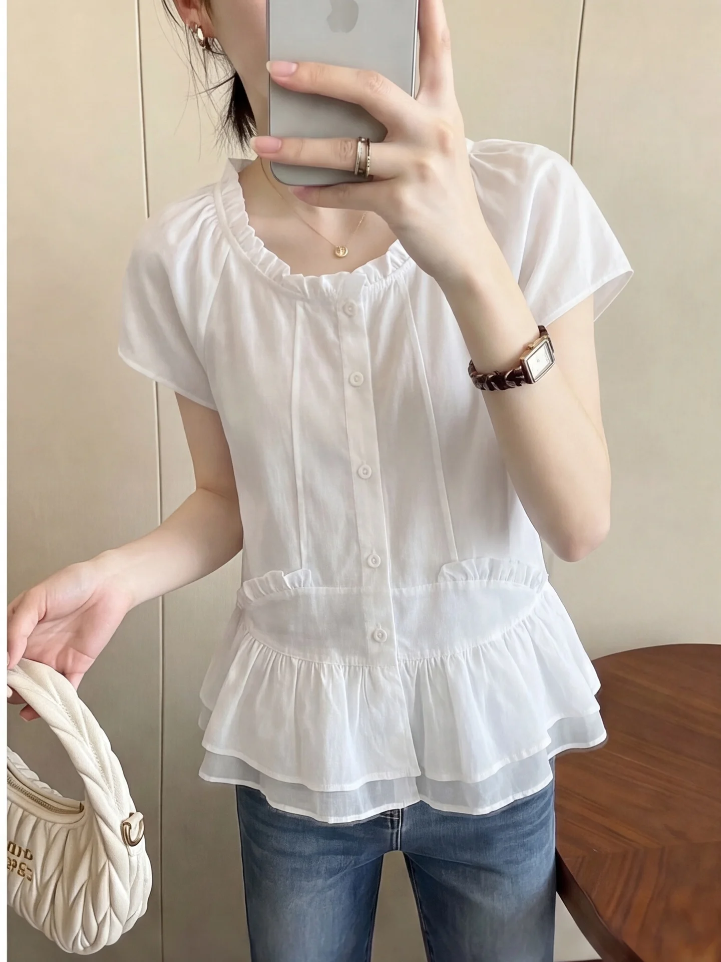 Summer Short Sleeve Shirt Ruffle Hem Mesh Splice Slim Fit Doll Style Top Women's Korean Style Commute Fashion Casual Shirt
Summer Short Sleeve Shirt Ruffle Hem Mesh Splice Slim Fit Doll Style Top Women's Korean Style Commute Fashion Casual Shirt