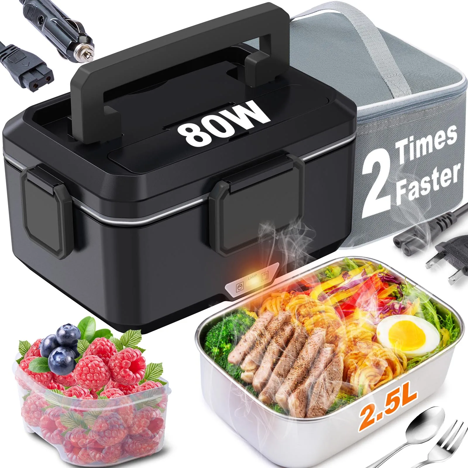 100W (2.5L + 1L Compartment) Large Capacity Electric Heated Lunch Box, 12V Car & 110V Home Dual Use Fast Food Warmer, 304 Stainless Steel Container with Insulated Carry Bag, Spoon and Fork Included
100W (2.5L + 1L Compartment) Large Capacity Electric Heated Lunch Box, 12V Car & 110V Home Dual Use Fast Food Warmer, 304 Stainless Steel Container with Insulated Carry Bag, Spoon and Fork Included