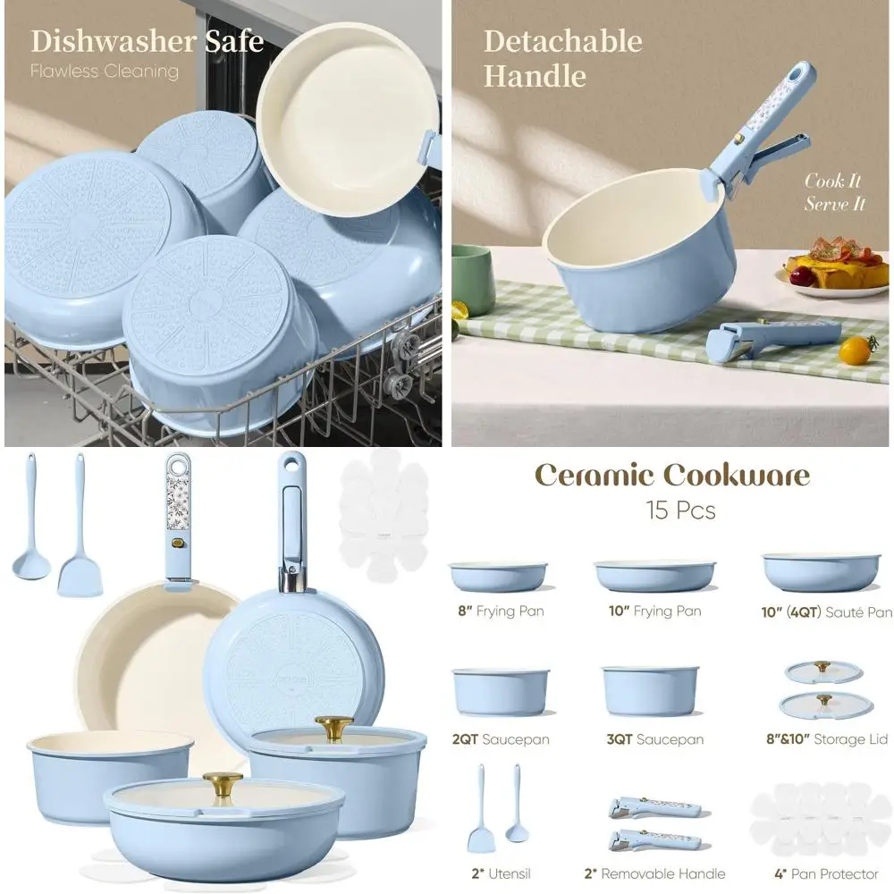 15-Piece Non-Stick Ceramic Cookware Set with Detachable Handles, Induction Compatible, Oven and Dishwasher Safe
15-Piece Non-Stick Ceramic Cookware Set with Detachable Handles, Induction Compatible, Oven and Dishwasher Safe