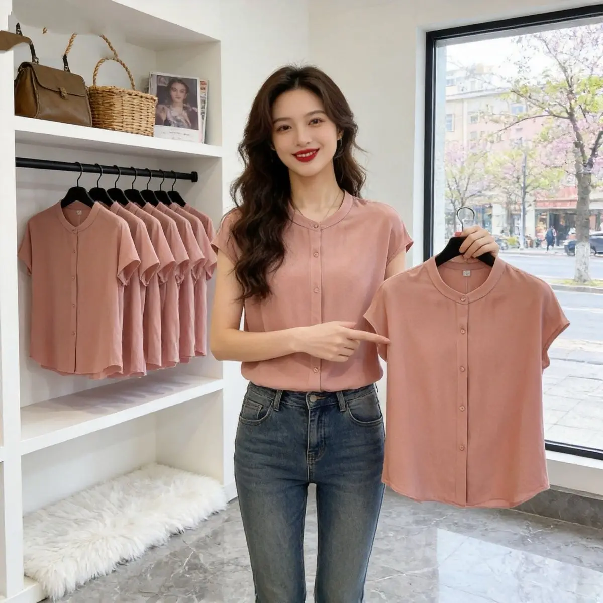 Slimming Short Sleeve Women's Shirt Pink Summer New Fashion Casual Style Loose Fit Polyester Fiber round Neck Button up Top
Slimming Short Sleeve Women's Shirt Pink Summer New Fashion Casual Style Loose Fit Polyester Fiber round Neck Button up Top