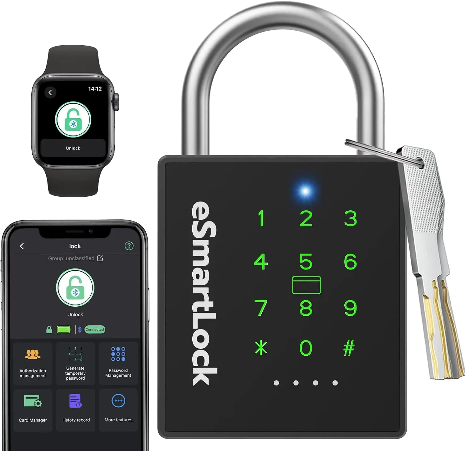 Weatherproof Combination Padlock with Key, NFC RFID, Heavy Duty for Locker Gate Fence Truck, Temporary Code Unlock
Weatherproof Combination Padlock with Key, NFC RFID, Heavy Duty for Locker Gate Fence Truck, Temporary Code Unlock