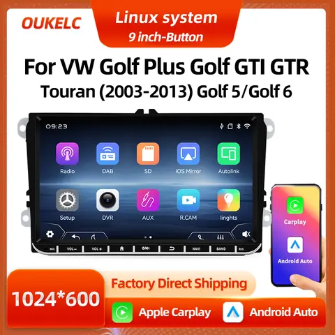 For VW Golf 5 6 Plus GTI GTR Touran Carplay Multimedia Player Android Auto Radio Navigation Screen Car Video Linux System 2 Din