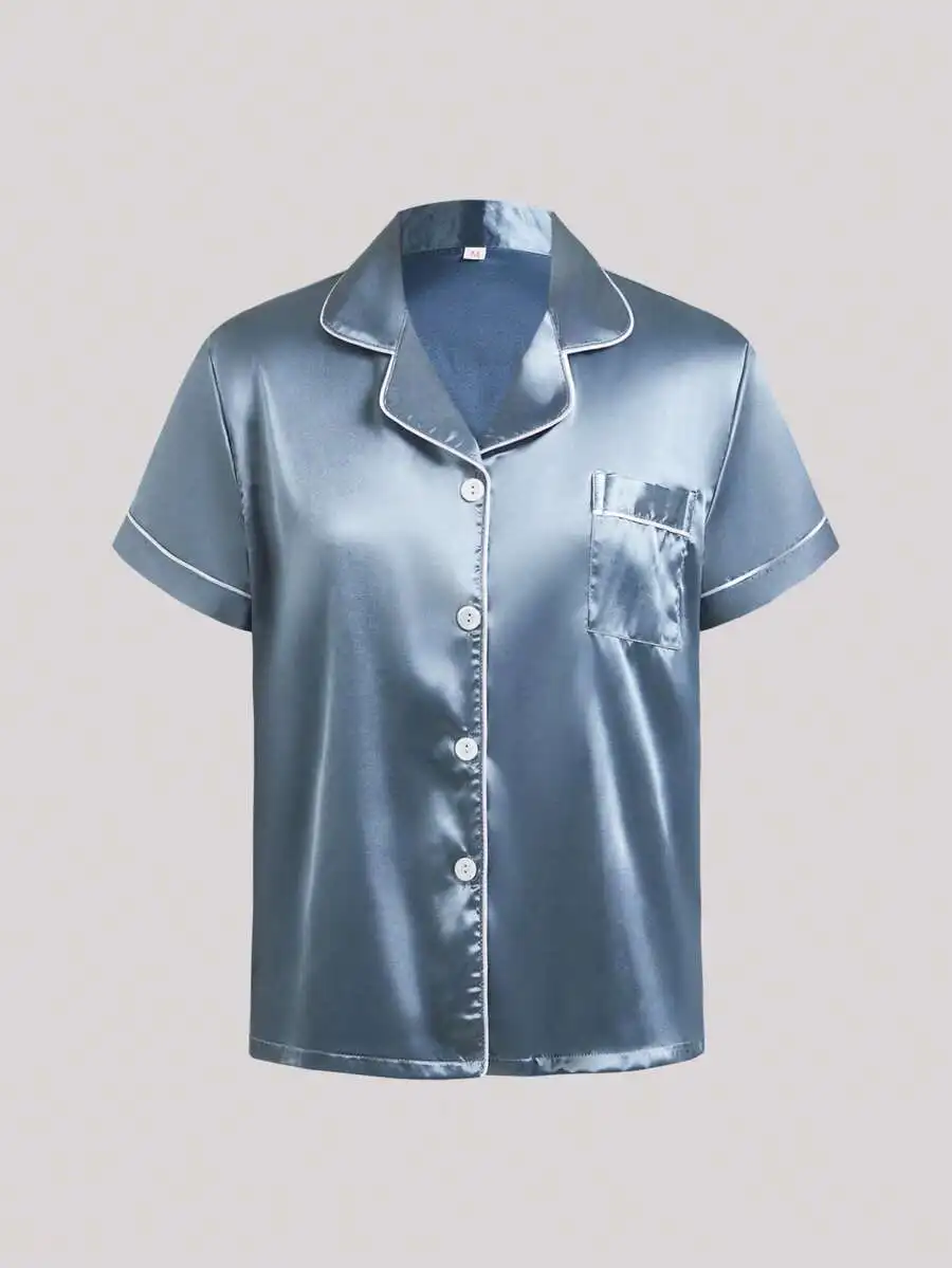 Satin Blue Short Sleeve Lapel Pajama Top For Women, Solid Color Lounge Wear, Summer Homewear
Satin Blue Short Sleeve Lapel Pajama Top For Women, Solid Color Lounge Wear, Summer Homewear
