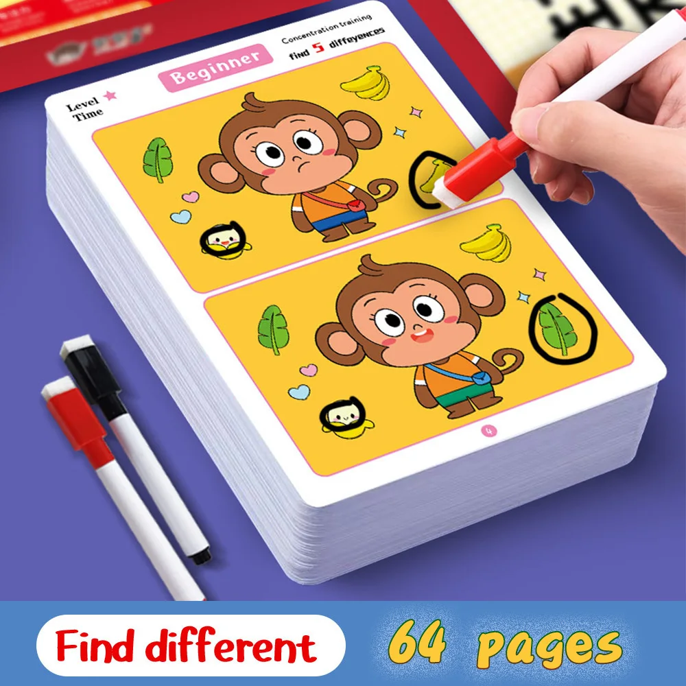 64-карточная обучающая игра для поиска неисправностей, многоразовая протиркающая бумага для обучения фокусировке и внимание, идентификационная карта разницы
64-карточная обучающая игра для поиска неисправностей, многоразовая протиркающая бумага для обучения фокусировке и внимание, идентификационная карта разницы
