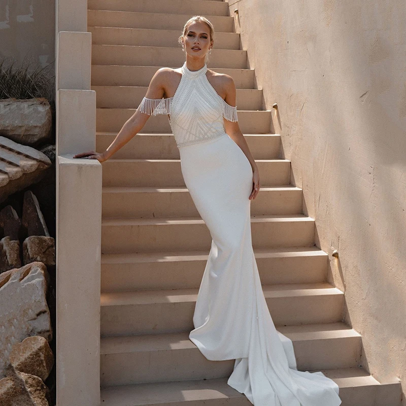 Eightree 2025 Mermaid Wedding Dresses Halter Pearls Backless Satin Wedding Gowns Boho Beach Bridal Prom Dress bestidos de novia
Eightree 2025 Mermaid Wedding Dresses Halter Pearls Backless Satin Wedding Gowns Boho Beach Bridal Prom Dress bestidos de novia
