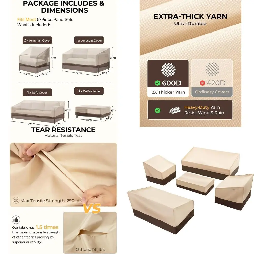 Комплект из 5 водонепроницаемых чехлов для садовой мебели, сверхпрочные чехлы для газона из ткани 600D
Комплект из 5 водонепроницаемых чехлов для садовой мебели, сверхпрочные чехлы для газона из ткани 600D