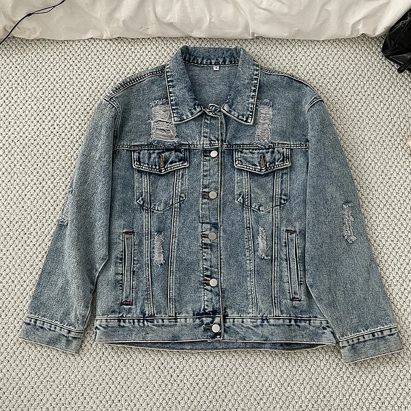 Retro Ripped Hole Denim Jacket Women Spring Autumn Fashion Lapel Single-breasted Loose Top Korean Casual Versatile Coats
Retro Ripped Hole Denim Jacket Women Spring Autumn Fashion Lapel Single-breasted Loose Top Korean Casual Versatile Coats