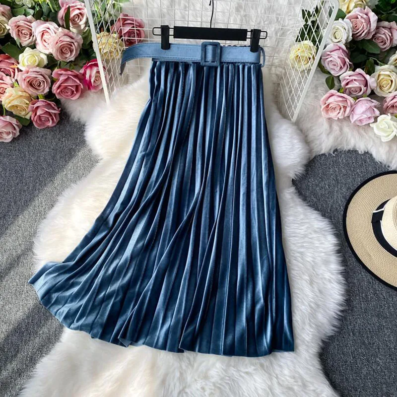Elastic waist gold velvet Skirts Womens New Vintage High Waist A-line Midi Skirt Female With Belt Elegant Pleated Skirt
Elastic waist gold velvet Skirts Womens New Vintage High Waist A-line Midi Skirt Female With Belt Elegant Pleated Skirt