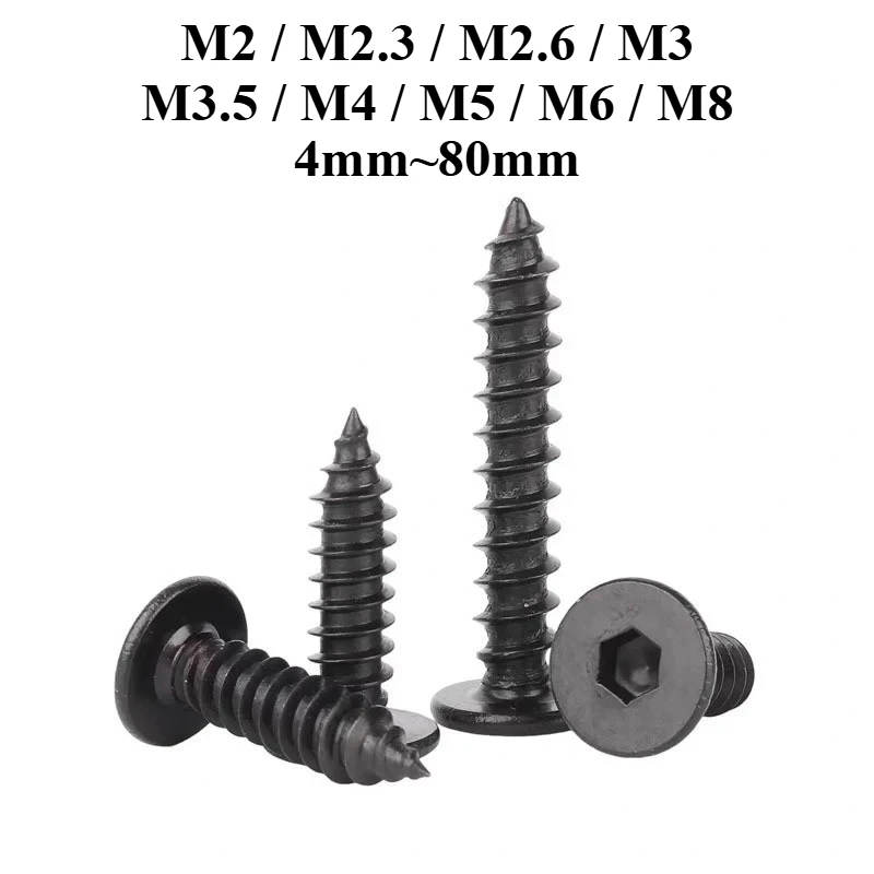 Black 304 stainless steel flat head hex socket self-tapping screws, ultra-thin head screws and round head self-tapping fasteners
Black 304 stainless steel flat head hex socket self-tapping screws, ultra-thin head screws and round head self-tapping fasteners