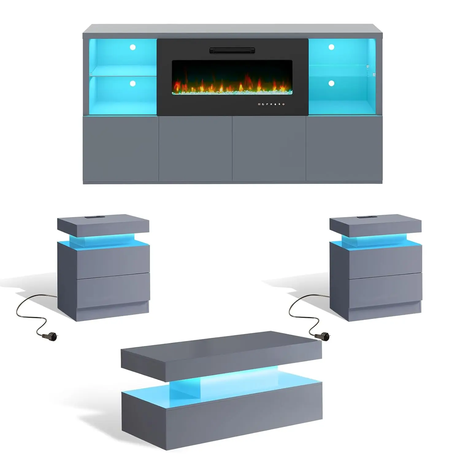 5pc High Gloss Living Room Set,68" TV Stand,40" Fireplace,LED Coffee Table & 2 End Tables Drawer Charger,Grey,Customized
5pc High Gloss Living Room Set,68" TV Stand,40" Fireplace,LED Coffee Table & 2 End Tables Drawer Charger,Grey,Customized