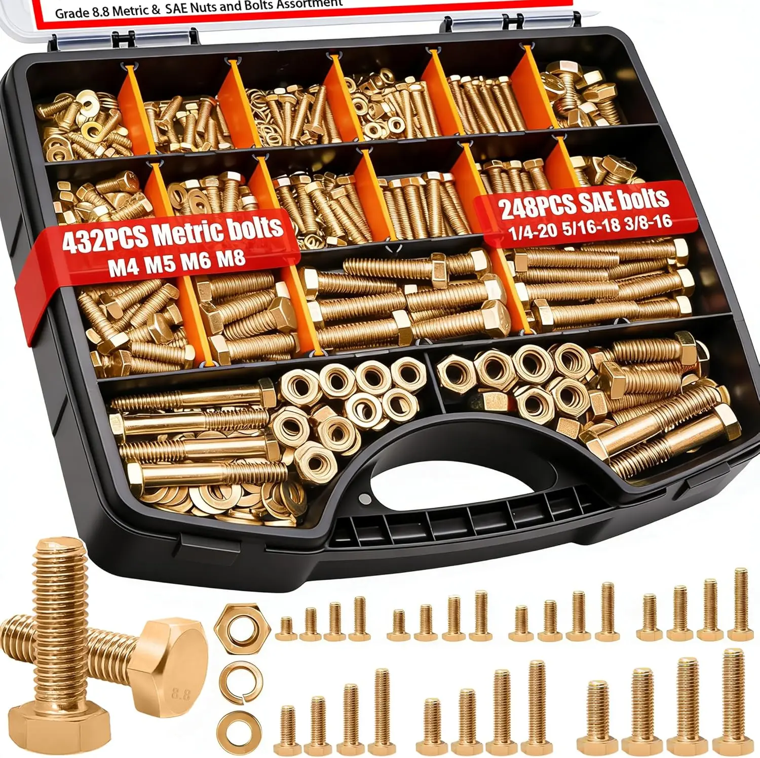 680PCS Metric & SAE Bolt Assortment Kit, Grade 8.8 Hex Head Bolts and Nuts with Washers, M4 M5 M6 M8 1/4-20 5/16-18 3/8-16 Heavy
680PCS Metric & SAE Bolt Assortment Kit, Grade 8.8 Hex Head Bolts and Nuts with Washers, M4 M5 M6 M8 1/4-20 5/16-18 3/8-16 Heavy