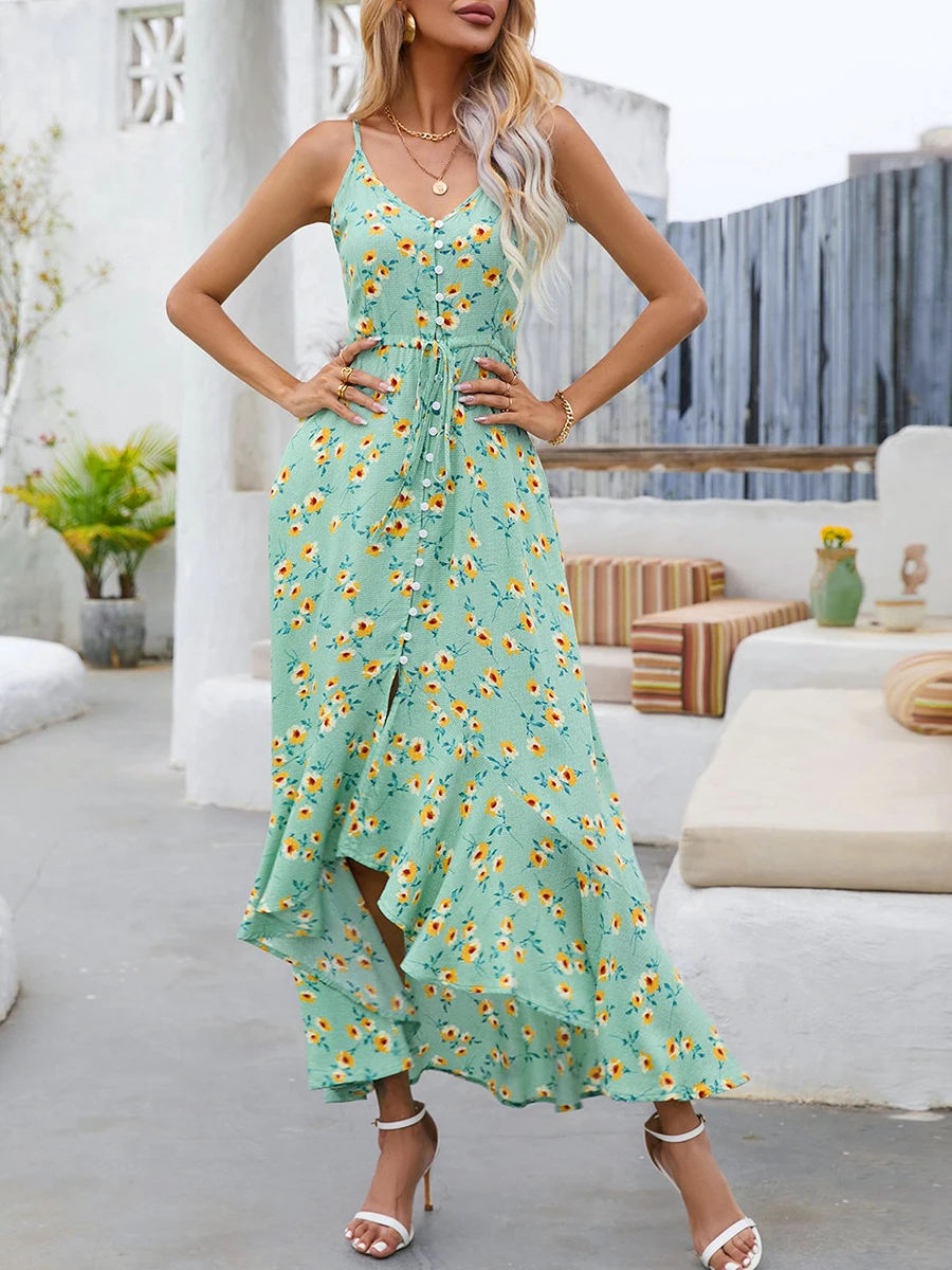 New Fashion Women Sling Dress Sleeveless V-Neck Backless Flower Print Drawstring Irregular Summer Long Dress Club Street Style
New Fashion Women Sling Dress Sleeveless V-Neck Backless Flower Print Drawstring Irregular Summer Long Dress Club Street Style
