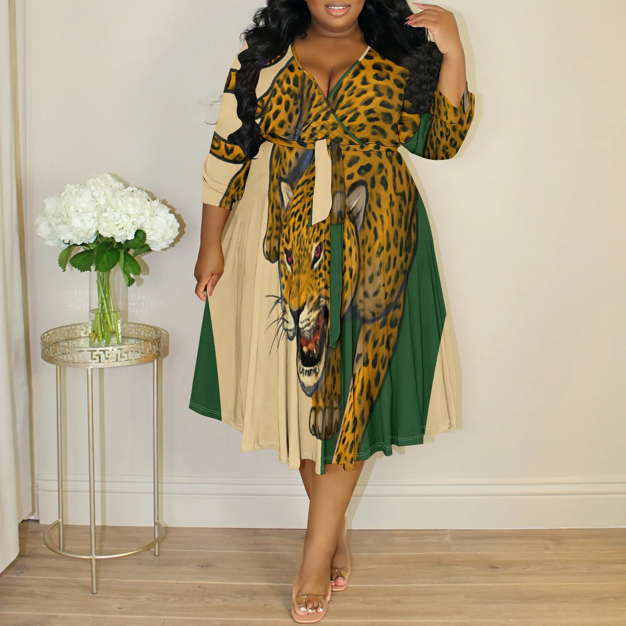 XL-6XL Leopard Print Wrap Midi Dress for Plus Size Women V-Neck Tie Waist Outfit for Juneteenth, Afro Fest or Heritage Event
XL-6XL Leopard Print Wrap Midi Dress for Plus Size Women V-Neck Tie Waist Outfit for Juneteenth, Afro Fest or Heritage Event