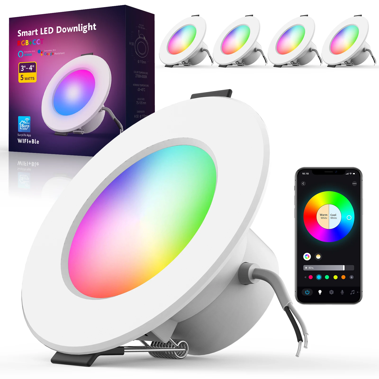 Smart WiFi & Bluetooth RGB+CCT Color-Changing LED Recessed Downlight — Alexa & Google Home Compatible, Dimmable Music Sync Light
Smart WiFi & Bluetooth RGB+CCT Color-Changing LED Recessed Downlight — Alexa & Google Home Compatible, Dimmable Music Sync Light