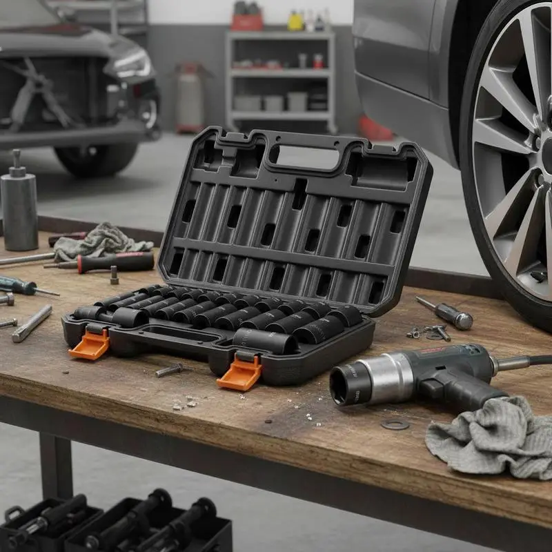 3/8" Drive Impact Tool Kit 25-Piece SAE 5/16" - 1" For Auto Repair Engine Maintenance Professional Workshop, Deep Shallow Sockets Cr-Mo Alloy Steel High-Visibility Size Markings Storage Case Included
3/8" Drive Impact Tool Kit 25-Piece SAE 5/16" - 1" For Auto Repair Engine Maintenance Professional Workshop, Deep Shallow Sockets Cr-Mo Alloy Steel High-Visibility Size Markings Storage Case Included