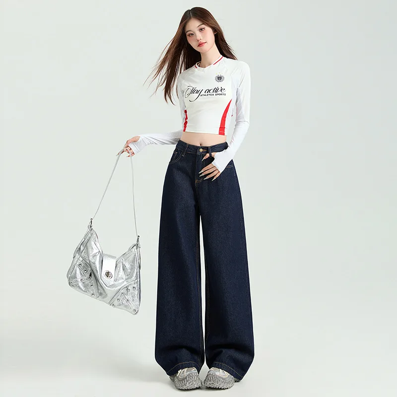American Style Loose Fit Dark Blue Jeans for Women New High Waist Slimming Draped Floor-Length Jeans
American Style Loose Fit Dark Blue Jeans for Women New High Waist Slimming Draped Floor-Length Jeans