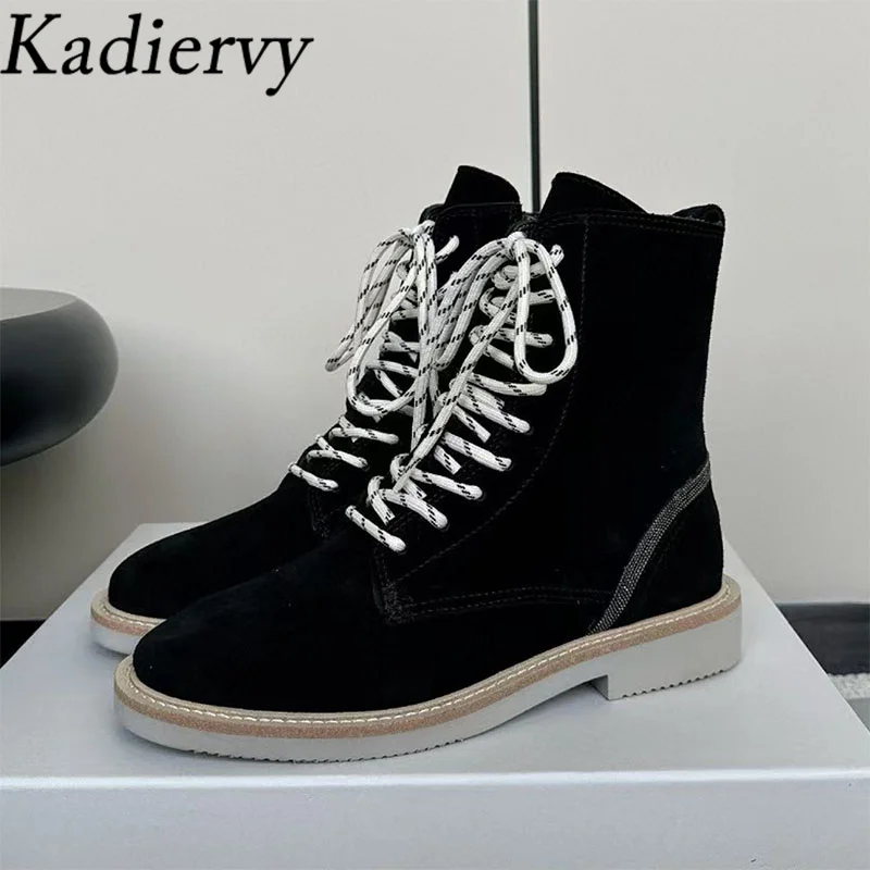 Luxury Cow Suede Short Boots Woman Round Toe Lace Up Knight Boots Flat Shoes Women String Bead Motorcycle Boots Women
Luxury Cow Suede Short Boots Woman Round Toe Lace Up Knight Boots Flat Shoes Women String Bead Motorcycle Boots Women